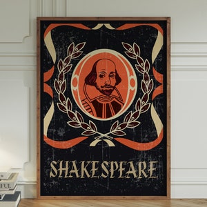 Vintage Shakespeare Poster, Retro Literary Art Print, William Shakespeare Wall Decor, English Teacher Gift, Library Decor
