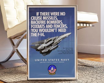 Plakat Vintage F-14 Tomcat, sztuka ścienna – wydruk sztuki wojskowego lotnictwa – dekoracja myśliwca US Navy – prezent dla lotniskowca – Retro Air Force