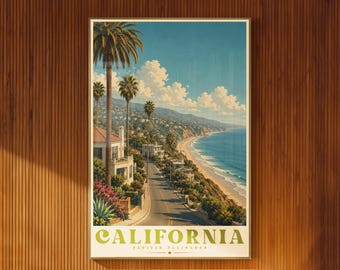 Plakat ilustrowany z Kalifornii Pacific Palisades Vintage Coastal Wall Art