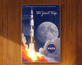 Plakat Apollo 11 w stylu vintage NASA, lądowanie na Księżycu, ilustrowana sztuka ścienna do druku
