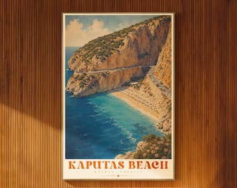 Plakat z ilustracją plaży Kaputas w Turcji, wybrzeże Morza Śródziemnego, sztuka ścienna w stylu vintage