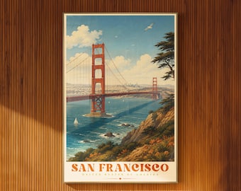 Plakat ilustrowany San Francisco, most Golden Gate, dekoracja ścienna w stylu vintage