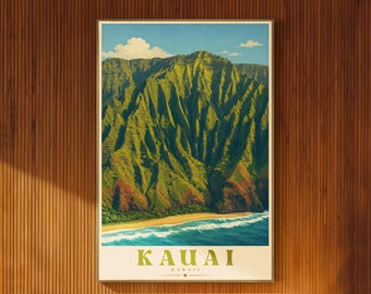 Plakat ilustrowany Kauai Vintage Hawaje Sztuka ścienna Wystrój tropikalnej wyspy