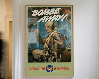 ¡Bombas fuera! Póster de las Fuerzas Aéreas del Ejército de la Segunda Guerra Mundial – Arte de aviación militar vintage, decoración de aviones, lámina de la historia del Cuerpo Aéreo del Ejército, regalo para pilotos, arte de pared