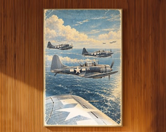 SBD Dauntless Illustrated Poster Aircraft Formation Over Pacific Ocean