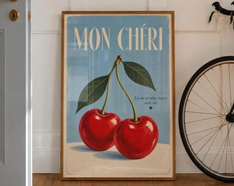 French Cherry Illustrated Poster Red Cherries on Blue Vintage Kitchen Wall Art