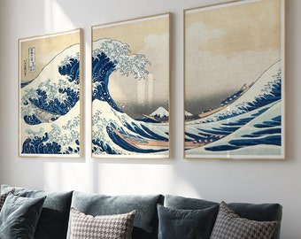 Japanese Wave Prints Set of 3: Hokusai Woodblock Art (Digital Download)