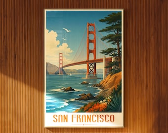 Plakat ilustrowany przedstawiający most Golden Gate w San Francisco, sztuka ścienna w stylu vintage w Kalifornii