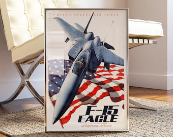 F-15 Eagle Vintage Air Force Poster | American Jet Fighter, 1970s Military Aviation Wall Decor Gift