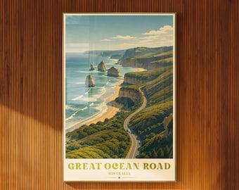 Plakat ilustrowany Great Ocean Road Australia, sztuka ścienna, wystrój vintage z podróży