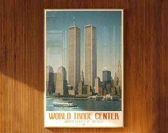 Plakat ilustrowany World Trade Center w stylu vintage, nowojorska sztuka ścienna
