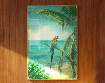 Plakat z ilustracją tropikalnej papugi, vintage, plaża, sztuka ścienna, tropikalny wystrój