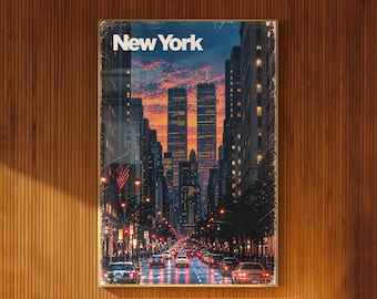 New York Illustrated Poster 1980s Twin Towers Sunset Manhattan Street Wall Art