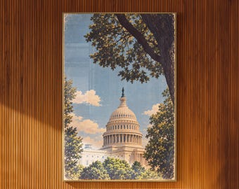 US Capitol Illustrated Poster Washington DC Dome with Trees Vintage Wall Art