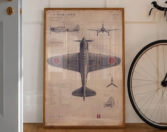 A6M Zero Illustrated Poster Top View Aircraft Blueprint Vintage Aviation Art