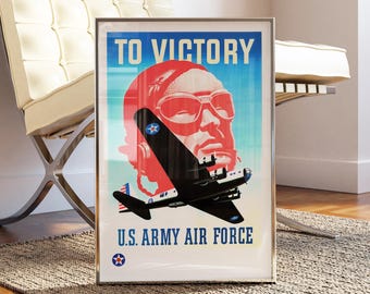 Arte mural de aviación de la Segunda Guerra Mundial: póster "Hacia la victoria" de la Fuerza Aérea de EE. UU., avión bombardero vintage patriótico.