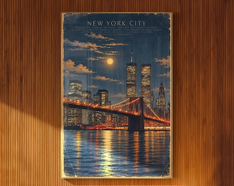 New York City Illustrated Poster Brooklyn Bridge Twin Towers and Full Moon