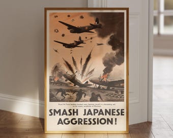 Póster vintage de propaganda de la Segunda Guerra Mundial: "¡Aplastar la agresión japonesa!". Arte bélico histórico, recuerdos militares, impresión digital para decoración del hogar, B-17