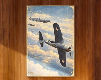 F4U Corsair Illustrated Poster Navy Fighter Formation Over Pacific Ocean