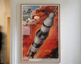 Affiche du programme Apollo, impression d'art de lancement de fusée Saturn V, décoration murale vintage d'exploration spatiale, histoire de la course à l'espace