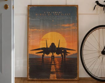 F-14 Tomcat Illustrated Poster Front View Jet Silhouette at Sunset Runway