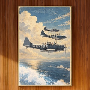 SBD Dauntless Illustrated Poster Three Navy Dive Bombers Flying Over the Ocean