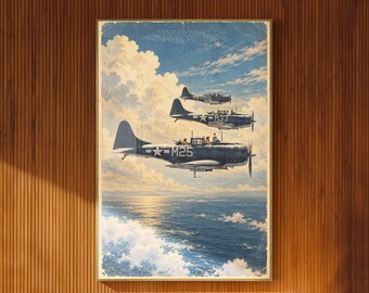 SBD Dauntless Illustrated Poster Three Navy Dive Bombers Flying Over the Ocean