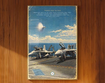 Fighter Jet Illustrated Poster Two Aircraft on Carrier Deck Vintage Aviation Art