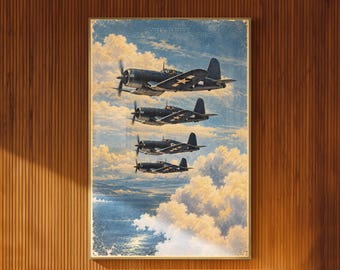 F4U Corsair Illustrated Poster Four Navy Fighter Planes Over Pacific Ocean