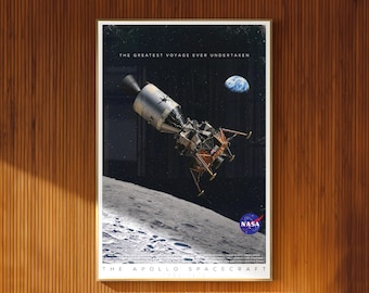 Plakat do druku z motywem statku kosmicznego Apollo, dekoracja w stylu vintage dotycząca eksploracji kosmosu