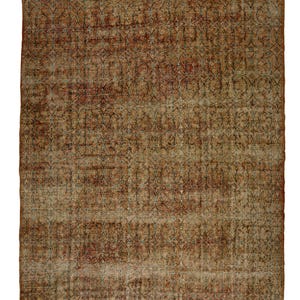 May include: A vintage rug with a brown and beige background and a repeating pattern of small circles and lines in shades of red, brown, and blue.