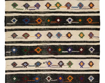 Handgeweven Turks Wol Kilim Oriëntale Strepen 303x 150 cm Vintage Tapijt