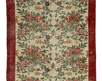 Vintage Turkish Oushak Runner Rug 3x7: Hand Knotted Wool Rug for Hallway