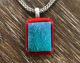 Red Dichroic Fused Glass Pendant With Blue, Multicolored Pendant, Patriotic Pendant, Gift for Her, Glass Art Pendant, Statement Jewelry