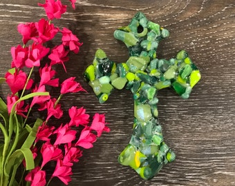 Fused Glass Cross Ornament, Green Scraps, Spiritual Gift