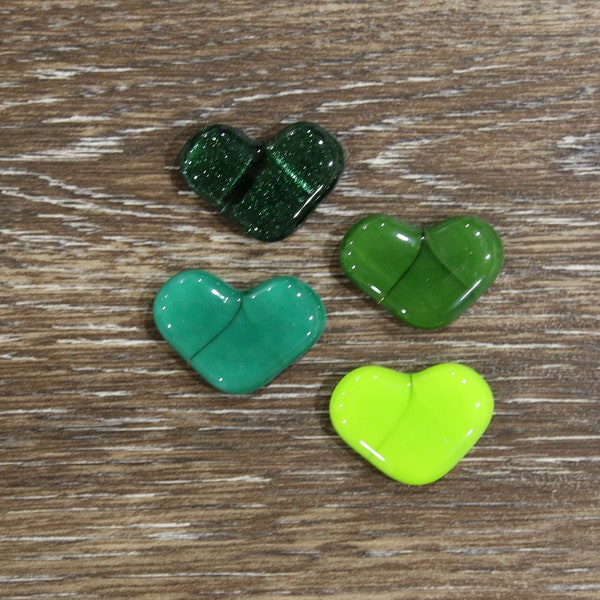 Green Fused Glass Heart Set, Small Lampwork Beads, Art Deco Vase Filler