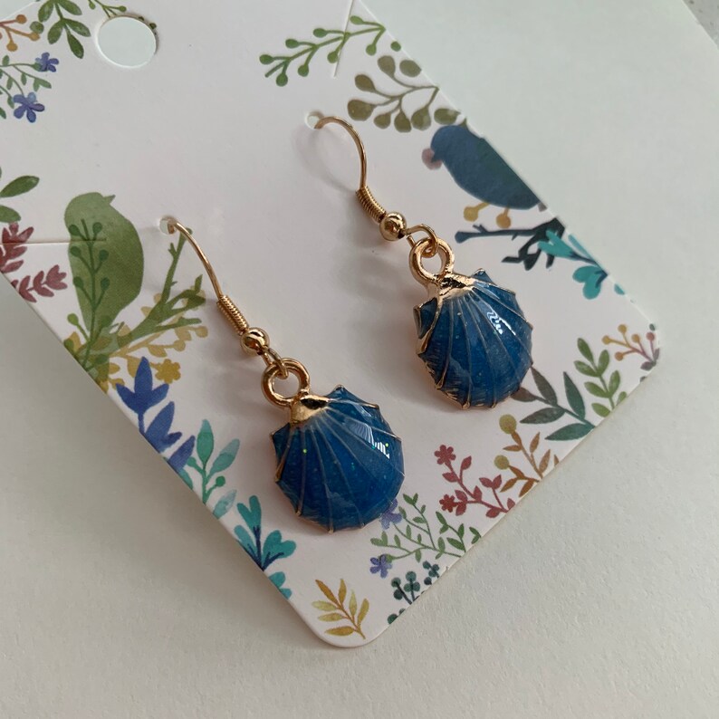Blue and rose gold clam shell hanging earrings rose gold fishhook glitter sparkle handmade