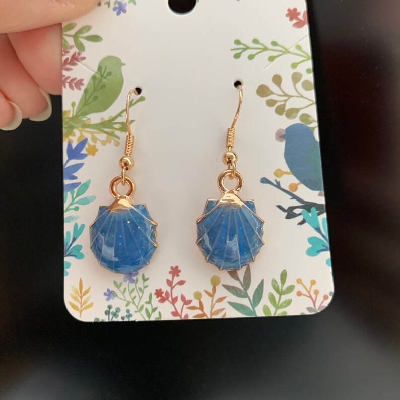 Blue and rose gold clam shell hanging earrings rose gold fishhook glitter sparkle handmade