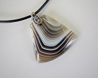 Botswana Agate, banded Chalcedony, brown and gray pendant, black leather cord, sterling silver, 27 x 27 x 6 mm, natural healing gemstone