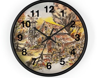 Reloj de pared con diseño de granero y molino de viento, decoración rústica para el hogar