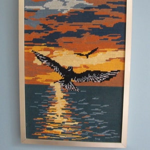 Wandtapijt canvas met vogels en zonsondergang, frame van geborsteld aluminium, jaren zeventig
