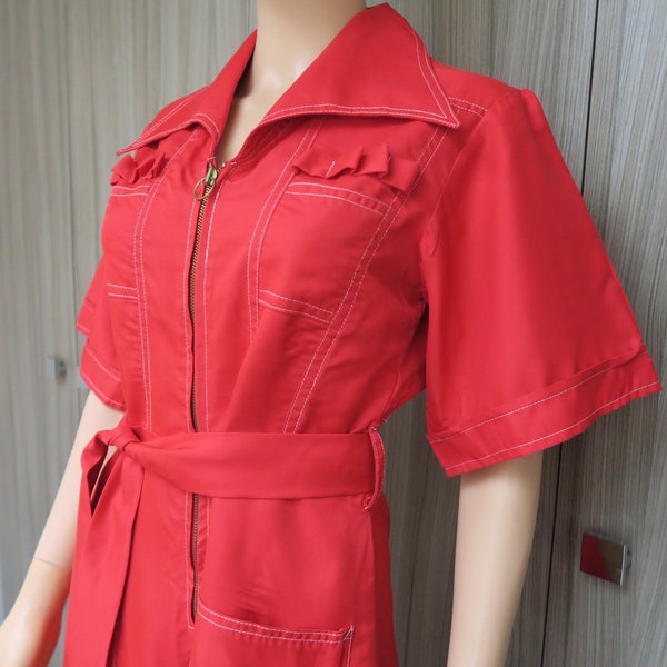 Robe vintage seventies rouge à grand col, small