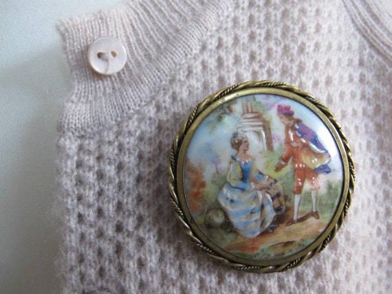 Broche Ancienne En Porcelaine De Limoges - Bleu De Four - Bijou Vintage - Occasion (déjà Portée)