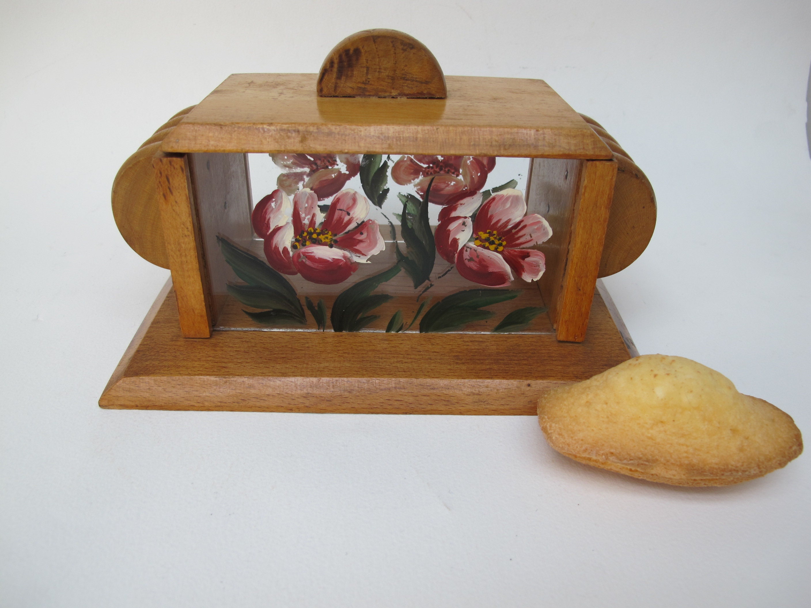 Ravissante Boite à Gateaux Bonbons en Bois et Verre Peint La Main, Objet Artisanal Ancien, Années 50