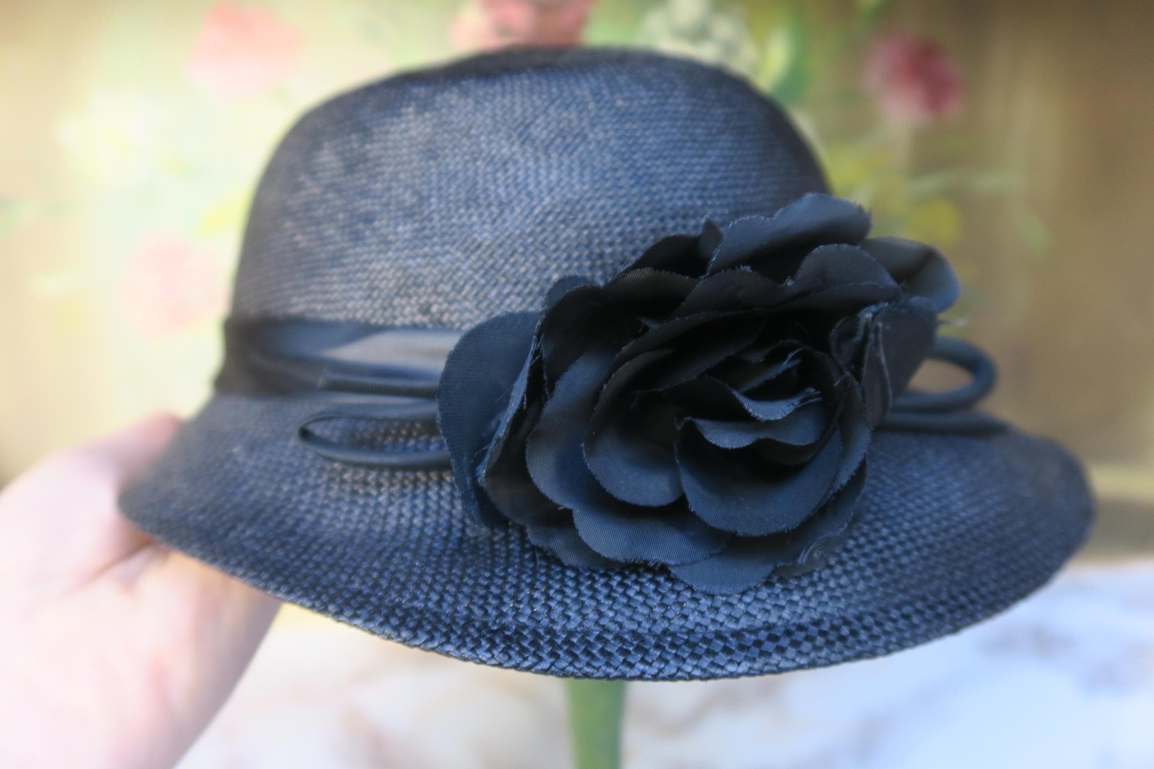 Black Straw Cloche Hat With Fabric Flowers - Etsy
