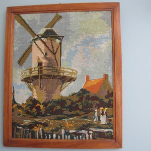 Old tapestry canvas representing a mill, handmade in France