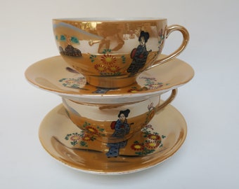 Duo de tasses anciennes made in Japan, Termocrisa, peintes à la main, geishas