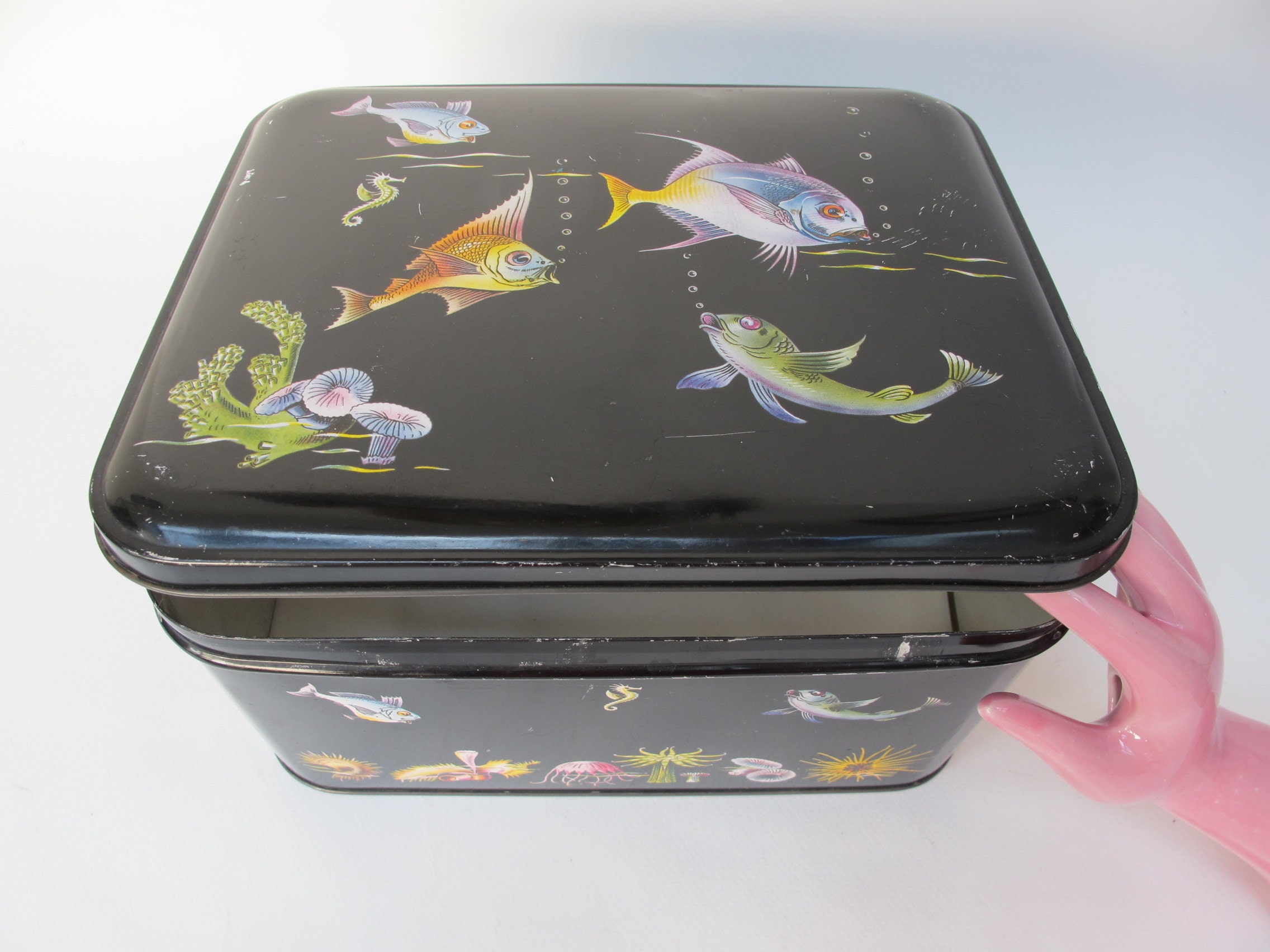 Ancienne Boîte Métallique en Fer Peint à Décor de Poissons