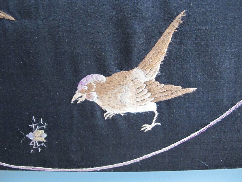 Embroidered silk panel art embroidery Asian-inspired decorative panel birds in a flowering tree
