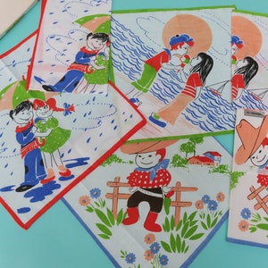Box of 6 handkerchiefs for children, couples of children, new handkerchiefs, seventies